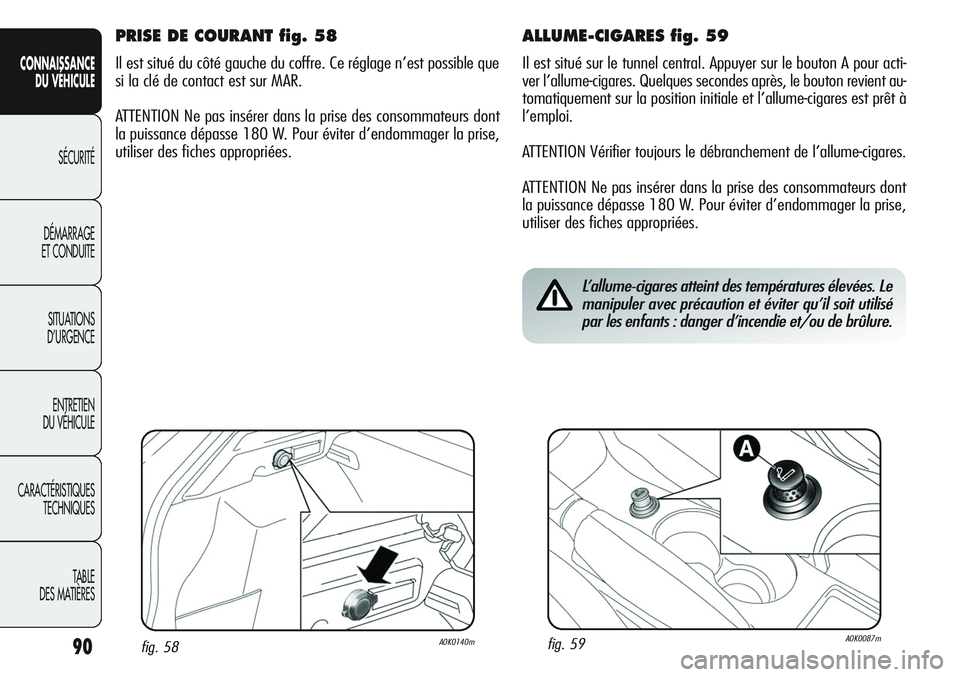 Alfa Romeo Giulietta 2012  Notice dentretien (in French) 90
CONNAISSANCE
DU VÉHICULE
SÉCURITÉ
DÉMARRAGE
ET CONDUITE
SITUATIONS 
D’URGENCE
ENTRETIEN
DU VÉHICULE
CARACTÉRISTIQUES
TECHNIQUES
TABLE
DES MATIÈRES
ALLUME-CIGARES fig. 59
Il est situé sur 