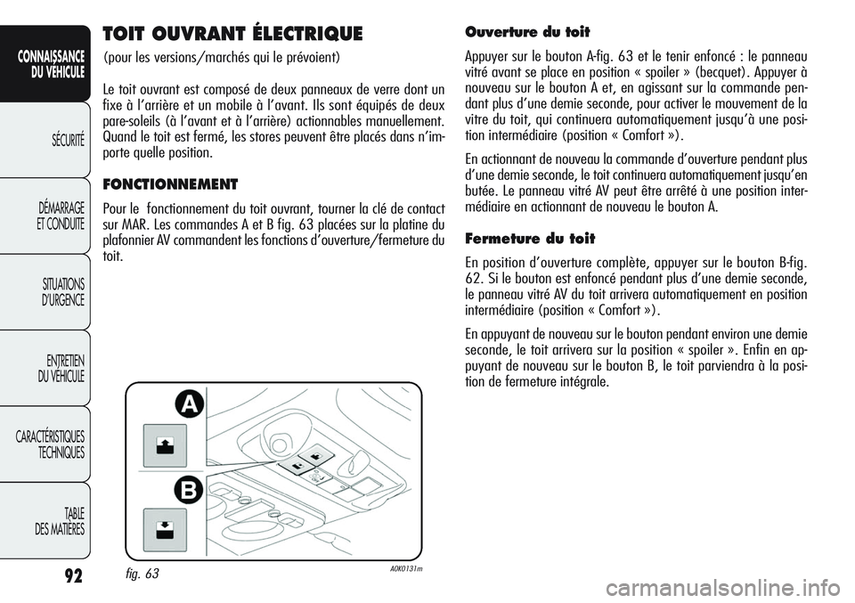 Alfa Romeo Giulietta 2011  Notice dentretien (in French) 92
CONNAISSANCE
DU VÉHICULE
SÉCURITÉ
DÉMARRAGE
ET CONDUITE
SITUATIONS 
D’URGENCE
ENTRETIEN
DU VÉHICULE
CARACTÉRISTIQUES
TECHNIQUES
TABLE
DES MATIÈRES
TOIT OUVRANT ÉLECTRIQUE
(pour les versio