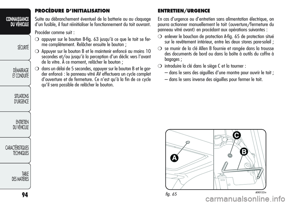 Alfa Romeo Giulietta 2012  Notice dentretien (in French) 94
CONNAISSANCE
DU VÉHICULE
SÉCURITÉ
DÉMARRAGE
ET CONDUITE
SITUATIONS 
D’URGENCE
ENTRETIEN
DU VÉHICULE
CARACTÉRISTIQUES
TECHNIQUES
TABLE
DES MATIÈRES
ENTRETIEN/URGENCE
En cas d’urgence ou d