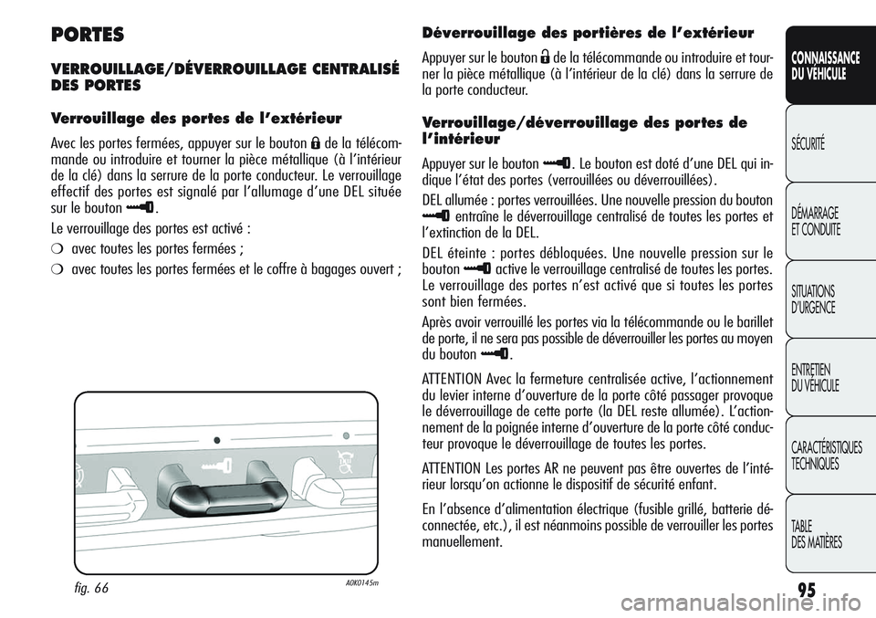 Alfa Romeo Giulietta 2012  Notice dentretien (in French) 95
CONNAISSANCE
DU VÉHICULE
SÉCURITÉ
DÉMARRAGE
ET CONDUITE
SITUATIONS 
D’URGENCE
ENTRETIEN
DU VÉHICULE
CARACTÉRISTIQUES
TECHNIQUES
TABLE
DES MATIÈRES
PORTES
VERROUILLAGE/DÉVERROUILLAGE CENTR