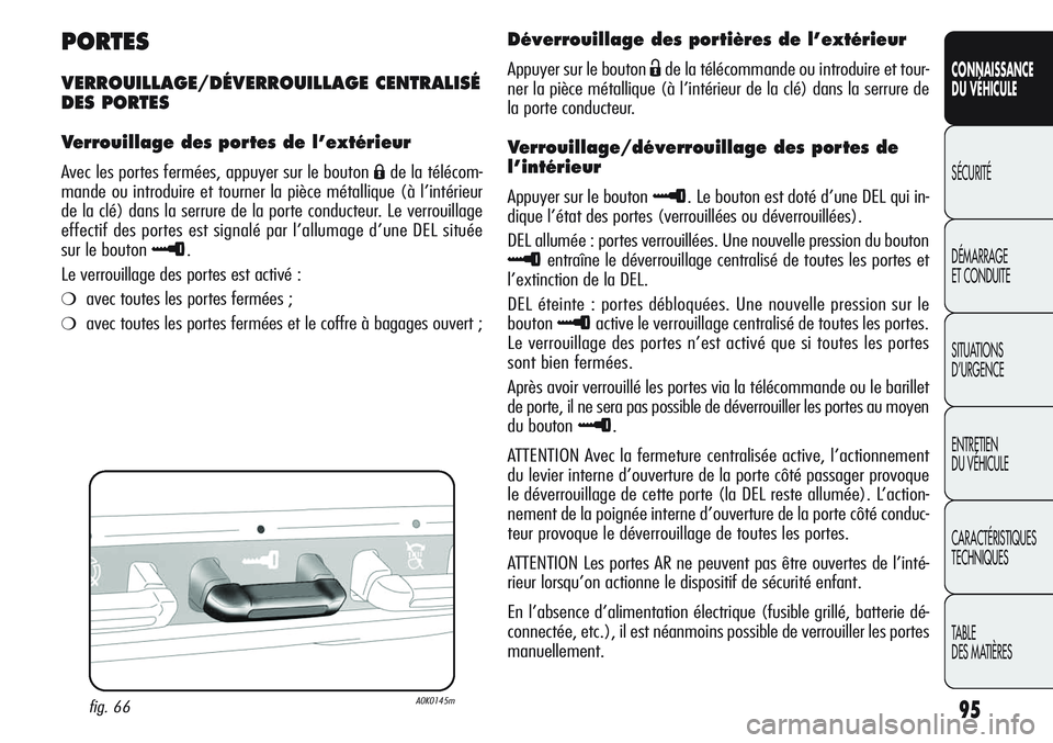 Alfa Romeo Giulietta 2011  Notice dentretien (in French) 95
CONNAISSANCE
DU VÉHICULE
SÉCURITÉ
DÉMARRAGE
ET CONDUITE
SITUATIONS 
D’URGENCE
ENTRETIEN
DU VÉHICULE
CARACTÉRISTIQUES
TECHNIQUES
TABLE
DES MATIÈRES
PORTES
VERROUILLAGE/DÉVERROUILLAGE CENTR