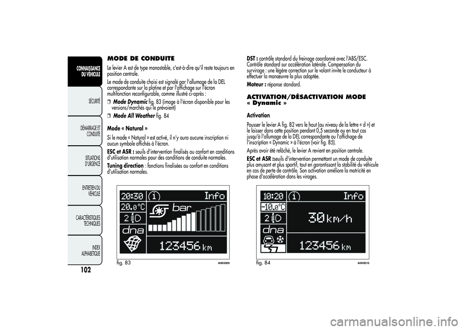 Alfa Romeo Giulietta 2013 Notice dentretien (in French) MODE DE CONDUITELe levier A est de type monostable, c'est-à-dire qu'il reste toujours en
position centrale.
Le mode de conduite choisi est signalé par l'allumage de la DEL
correspondante Alfa Romeo Giulietta 2013 Notice dentretien (in French) MODE DE CONDUITELe levier A est de type monostable, c'est-à-dire qu'il reste toujours en
position centrale.
Le mode de conduite choisi est signalé par l'allumage de la DEL
correspondante
