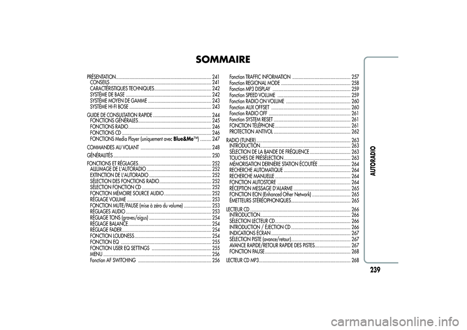 Alfa Romeo Giulietta 2013 Notice dentretien (in French) SOMMAIRE
PRÉSENTATION............................................................................. 241
CONSEILS .................................................................................. 241
Alfa Romeo Giulietta 2013 Notice dentretien (in French) SOMMAIRE
PRÉSENTATION............................................................................. 241
CONSEILS .................................................................................. 241