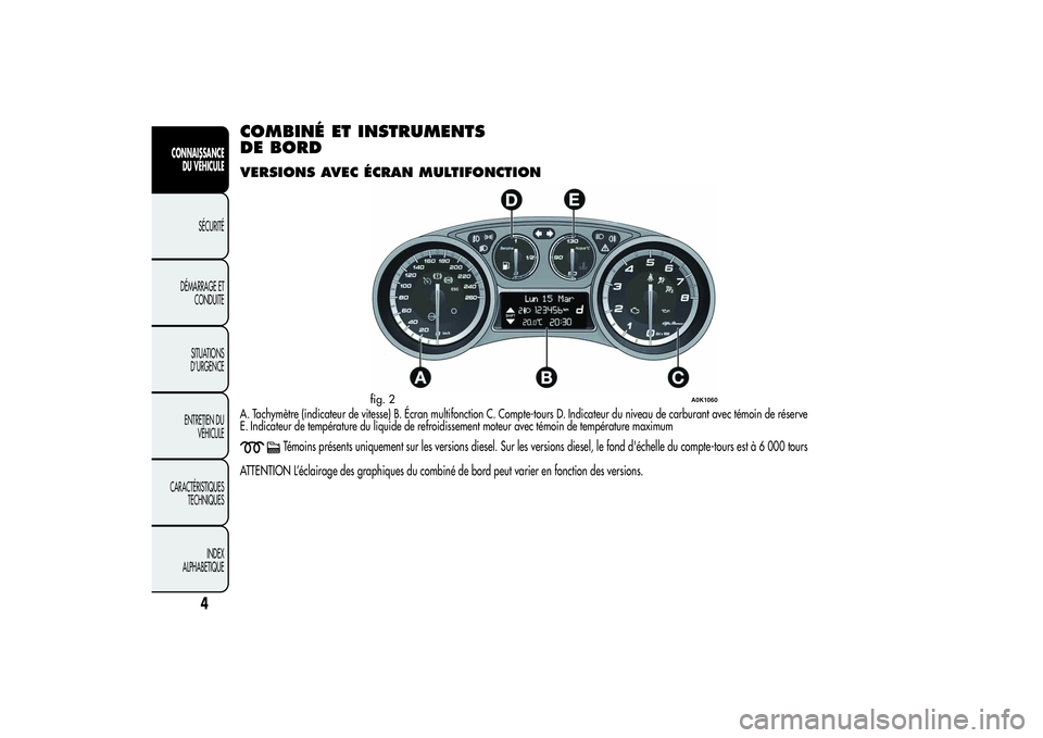 Alfa Romeo Giulietta 2013  Notice dentretien (in French) COMBINÉ ET INSTRUMENTS
DE BORDVERSIONS AVEC ÉCRAN MULTIFONCTIONA. Tachymètre (indicateur de vitesse) B. Écran multifonction C. Compte-tours D. Indicateur du niveau de carburant avec témoin de ré