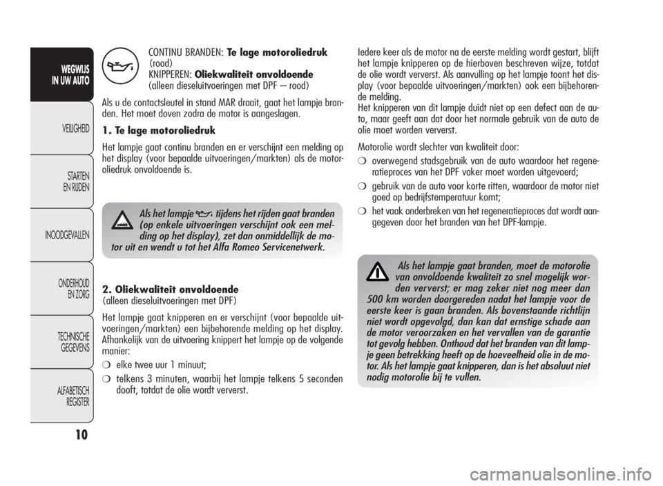 Alfa Romeo Giulietta 2010  Instructieboek (in Dutch) 10
WEGWIJS
IN UW AUTO
VEILIGHEID
STARTEN
EN RIJDEN
INOODGEVALLEN
ONDERHOUD
EN ZORG
TECHNISCHE
GEGEVENS
ALFABETISCH
REGISTER
CONTINU BRANDEN:Te lage motoroliedruk
(rood)
KNIPPEREN:Oliekwaliteit onvoldo