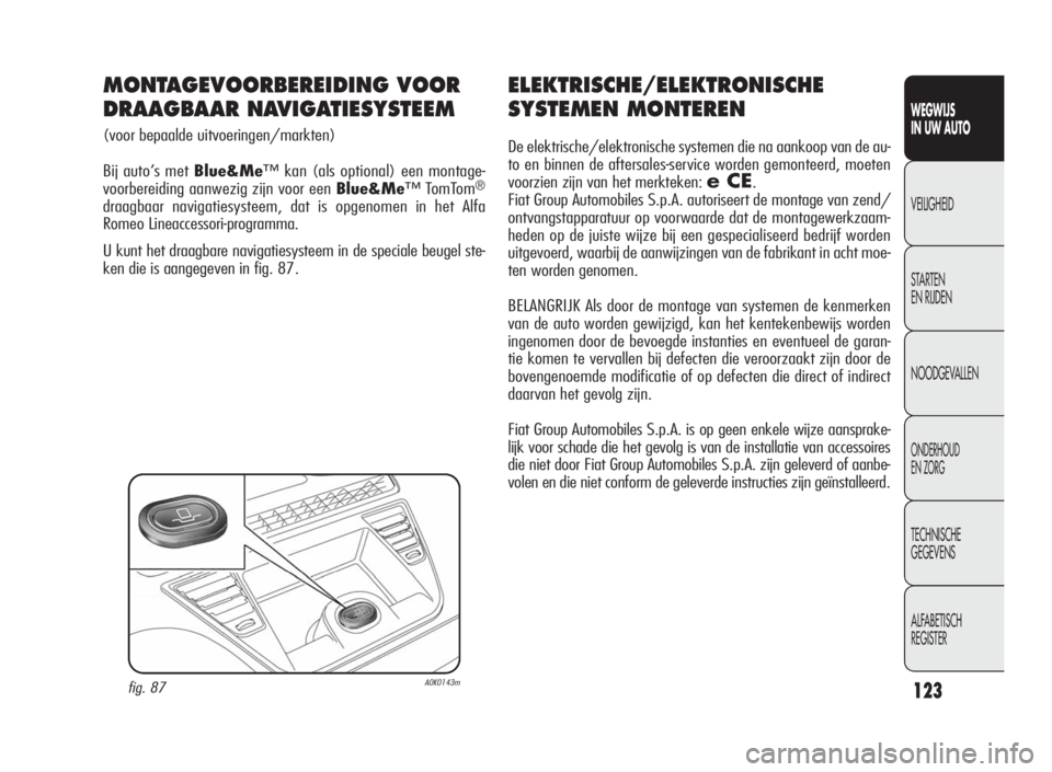 Alfa Romeo Giulietta 2010  Instructieboek (in Dutch) 123
WEGWIJS
IN UW AUTO
VEILIGHEID
STARTEN
EN RIJDEN
NOODGEVALLEN
ONDERHOUD
EN ZORG
TECHNISCHE
GEGEVENS
ALFABETISCH
REGISTER
ELEKTRISCHE/ELEKTRONISCHE
SYSTEMEN MONTEREN
De elektrische/elektronische sys