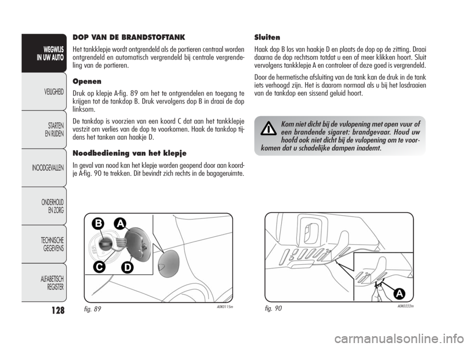 Alfa Romeo Giulietta 2010 Instructieboek (in Dutch) 128
WEGWIJS
IN UW AUTO
VEILIGHEID
STARTEN
EN RIJDEN
INOODGEVALLEN
ONDERHOUD
EN ZORG
TECHNISCHE
GEGEVENS
ALFABETISCH
REGISTER
fig. 89A0K0115mfig. 90A0K0222m
DOP VAN DE BRANDSTOFTANK
Het tankklepje word Alfa Romeo Giulietta 2010 Instructieboek (in Dutch) 128
WEGWIJS
IN UW AUTO
VEILIGHEID
STARTEN
EN RIJDEN
INOODGEVALLEN
ONDERHOUD
EN ZORG
TECHNISCHE
GEGEVENS
ALFABETISCH
REGISTER
fig. 89A0K0115mfig. 90A0K0222m
DOP VAN DE BRANDSTOFTANK
Het tankklepje word