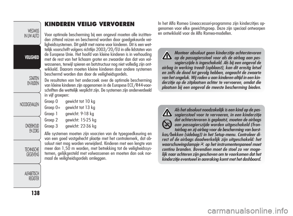Alfa Romeo Giulietta 2010  Instructieboek (in Dutch) 138
WEGWIJS 
IN UW AUTO
VEILIGHEID
STARTEN 
EN RIJDEN
NOODGEVALLEN
ONDERHOUD 
EN ZORG
TECHNISCHE 
GEGEVENS
ALFABETISCH 
REGISTER
KINDEREN VEILIG VERVOEREN
Voor optimale bescherming bij een ongeval moe