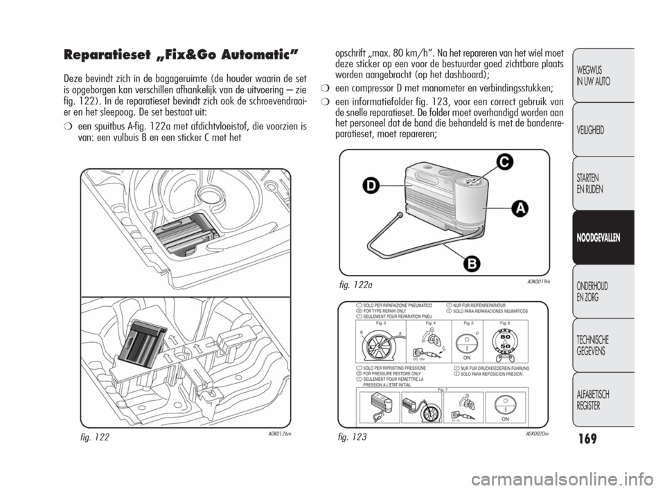 Alfa Romeo Giulietta 2010 Instructieboek (in Dutch) 169
WEGWIJS
IN UW AUTO
VEILIGHEID
STARTEN
EN RIJDEN
NOODGEVALLEN
ONDERHOUD
EN ZORG
TECHNISCHE
GEGEVENS
ALFABETISCH
REGISTER
Reparatieset „Fix&Go Automatic”
Deze bevindt zich in de bagageruimt Alfa Romeo Giulietta 2010 Instructieboek (in Dutch) 169
WEGWIJS
IN UW AUTO
VEILIGHEID
STARTEN
EN RIJDEN
NOODGEVALLEN
ONDERHOUD
EN ZORG
TECHNISCHE
GEGEVENS
ALFABETISCH
REGISTER
Reparatieset „Fix&Go Automatic”
Deze bevindt zich in de bagageruimt