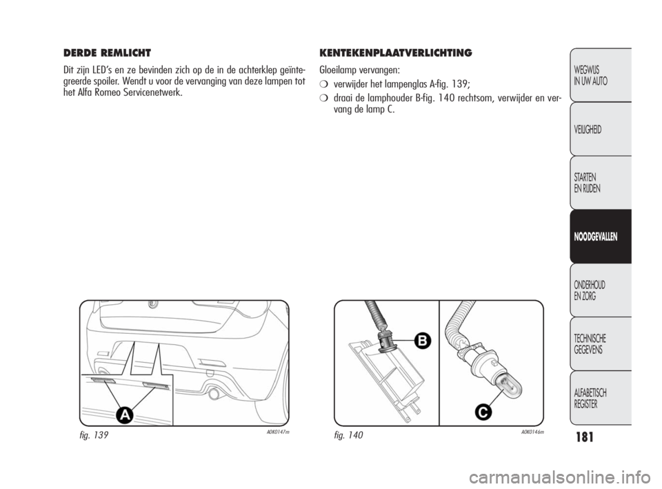 Alfa Romeo Giulietta 2010  Instructieboek (in Dutch) 181
WEGWIJS 
IN UW AUTO
VEILIGHEID
STARTEN 
EN RIJDEN
NOODGEVALLEN
ONDERHOUD 
EN ZORG
TECHNISCHE 
GEGEVENS
ALFABETISCH 
REGISTER
DERDE REMLICHT
Dit zijn LED’s en ze bevinden zich op de in de achterk