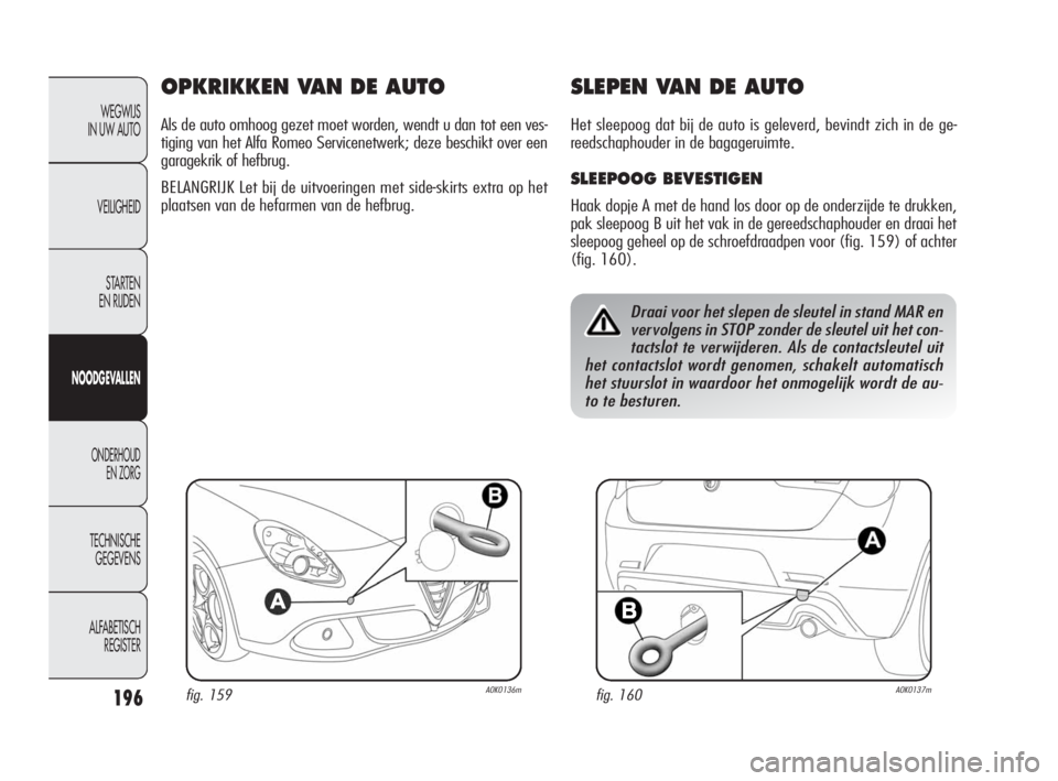 Alfa Romeo Giulietta 2010  Instructieboek (in Dutch) 196
WEGWIJS 
IN UW AUTO
VEILIGHEID
STARTEN 
EN RIJDEN
NOODGEVALLEN
ONDERHOUD 
EN ZORG
TECHNISCHE 
GEGEVENS
ALFABETISCH 
REGISTER
OPKRIKKEN VAN DE AUTO
Als de auto omhoog gezet moet worden, wendt u dan