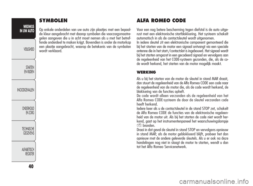 Alfa Romeo Giulietta 2010  Instructieboek (in Dutch) 40
WEGWIJS
IN UW AUTO
VEILIGHEID
STARTEN
EN RIJDEN
INOODGEVALLEN
ONDERHOUD
EN ZORG
TECHNISCHE
GEGEVENS
ALFABETISCH
REGISTER
SYMBOLEN
Op enkele onderdelen van uw auto zijn plaatjes met een bepaal-
de k