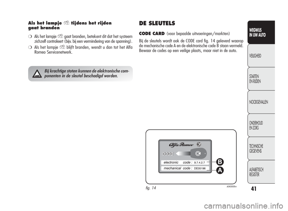 Alfa Romeo Giulietta 2010  Instructieboek (in Dutch) 41
WEGWIJS
IN UW AUTO
VEILIGHEID
STARTEN
EN RIJDEN
NOODGEVALLEN
ONDERHOUD
EN ZORG
TECHNISCHE
GEGEVENS
ALFABETISCH
REGISTER
Als het lampjeYtijdens het rijden
gaat branden
❍Als het lampjeYgaat branden