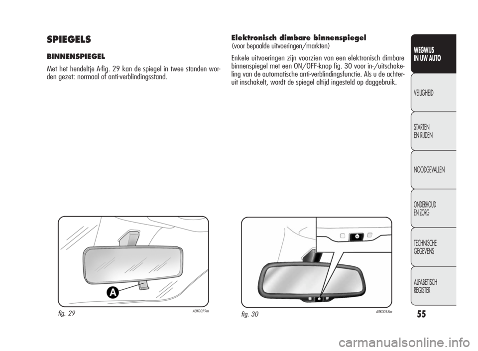 Alfa Romeo Giulietta 2010 Instructieboek (in Dutch) 55
WEGWIJS
IN UW AUTO
VEILIGHEID
STARTEN
EN RIJDEN
NOODGEVALLEN
ONDERHOUD
EN ZORG
TECHNISCHE
GEGEVENS
ALFABETISCH
REGISTER
fig. 29A0K0079m
SPIEGELS
BINNENSPIEGEL
Met het hendeltje A-fig. 29 kan de spi Alfa Romeo Giulietta 2010 Instructieboek (in Dutch) 55
WEGWIJS
IN UW AUTO
VEILIGHEID
STARTEN
EN RIJDEN
NOODGEVALLEN
ONDERHOUD
EN ZORG
TECHNISCHE
GEGEVENS
ALFABETISCH
REGISTER
fig. 29A0K0079m
SPIEGELS
BINNENSPIEGEL
Met het hendeltje A-fig. 29 kan de spi