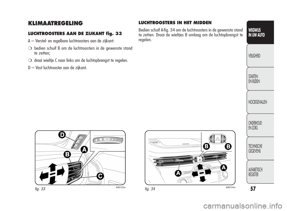 Alfa Romeo Giulietta 2010 Instructieboek (in Dutch) 57
WEGWIJS
IN UW AUTO
VEILIGHEID
STARTEN
EN RIJDEN
NOODGEVALLEN
ONDERHOUD
EN ZORG
TECHNISCHE
GEGEVENS
ALFABETISCH
REGISTER
KLIMAATREGELING
LUCHTROOSTERS AAN DE ZIJKANT fig. 33
A – Verstel- en regelb Alfa Romeo Giulietta 2010 Instructieboek (in Dutch) 57
WEGWIJS
IN UW AUTO
VEILIGHEID
STARTEN
EN RIJDEN
NOODGEVALLEN
ONDERHOUD
EN ZORG
TECHNISCHE
GEGEVENS
ALFABETISCH
REGISTER
KLIMAATREGELING
LUCHTROOSTERS AAN DE ZIJKANT fig. 33
A – Verstel- en regelb