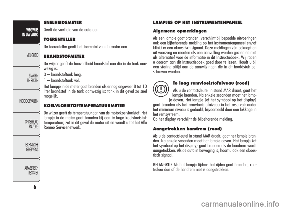 Alfa Romeo Giulietta 2010  Instructieboek (in Dutch) 6
WEGWIJS
IN UW AUTO
VEILIGHEID
STARTEN
EN RIJDEN
INOODGEVALLEN
ONDERHOUD
EN ZORG
TECHNISCHE
GEGEVENS
ALFABETISCH
REGISTER
SNELHEIDSMETER
Geeft de snelheid van de auto aan.
TOERENTELLER
De toerentelle