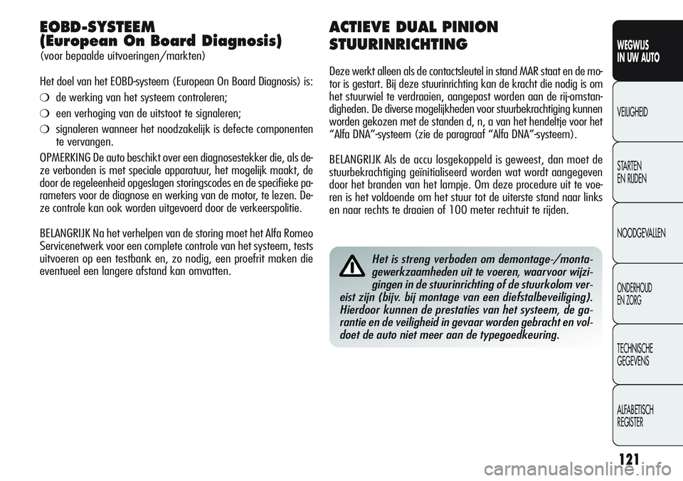 Alfa Romeo Giulietta 2011 Instructieboek (in Dutch) 121
WEGWIJS
IN UW AUTO
VEILIGHEID
STARTEN
EN RIJDEN
NOODGEVALLEN
ONDERHOUD
EN ZORG
TECHNISCHE
GEGEVENS
ALFABETISCH
REGISTER
EOBD-SYSTEEM
(European On Board Diagnosis)
(voor bepaalde uitvoeringen/mar Alfa Romeo Giulietta 2011 Instructieboek (in Dutch) 121
WEGWIJS
IN UW AUTO
VEILIGHEID
STARTEN
EN RIJDEN
NOODGEVALLEN
ONDERHOUD
EN ZORG
TECHNISCHE
GEGEVENS
ALFABETISCH
REGISTER
EOBD-SYSTEEM
(European On Board Diagnosis)
(voor bepaalde uitvoeringen/mar