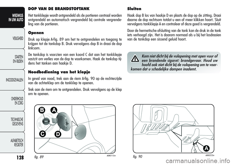 Alfa Romeo Giulietta 2011 Instructieboek (in Dutch) 128
WEGWIJS
IN UW AUTO
VEILIGHEID
STARTEN
EN RIJDEN
INOODGEVALLEN
ONDERHOUD
EN ZORG
TECHNISCHE
GEGEVENS
ALFABETISCH
REGISTER
fig. 89A0K0115mfig. 90A0K0222m
DOP VAN DE BRANDSTOFTANK
Het tankklepje wo Alfa Romeo Giulietta 2011 Instructieboek (in Dutch) 128
WEGWIJS
IN UW AUTO
VEILIGHEID
STARTEN
EN RIJDEN
INOODGEVALLEN
ONDERHOUD
EN ZORG
TECHNISCHE
GEGEVENS
ALFABETISCH
REGISTER
fig. 89A0K0115mfig. 90A0K0222m
DOP VAN DE BRANDSTOFTANK
Het tankklepje wo
