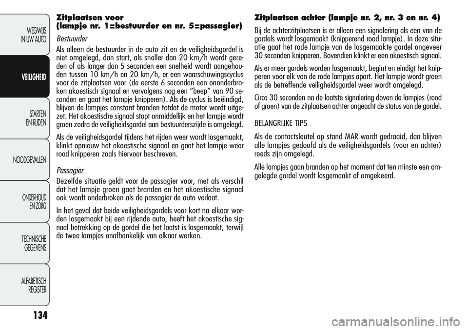 Alfa Romeo Giulietta 2011 Instructieboek (in Dutch) 134
WEGWIJS
IN UW AUTO
VEILIGHEID
STARTEN
EN RIJDEN
NOODGEVALLEN
ONDERHOUD
EN ZORG
TECHNISCHE
GEGEVENS
ALFABETISCH
REGISTER
Zitplaatsen voor
(lampje nr. 1=bestuurder en nr. 5=passagier)
Bestuurder
Alfa Romeo Giulietta 2011 Instructieboek (in Dutch) 134
WEGWIJS
IN UW AUTO
VEILIGHEID
STARTEN
EN RIJDEN
NOODGEVALLEN
ONDERHOUD
EN ZORG
TECHNISCHE
GEGEVENS
ALFABETISCH
REGISTER
Zitplaatsen voor
(lampje nr. 1=bestuurder en nr. 5=passagier)
Bestuurder