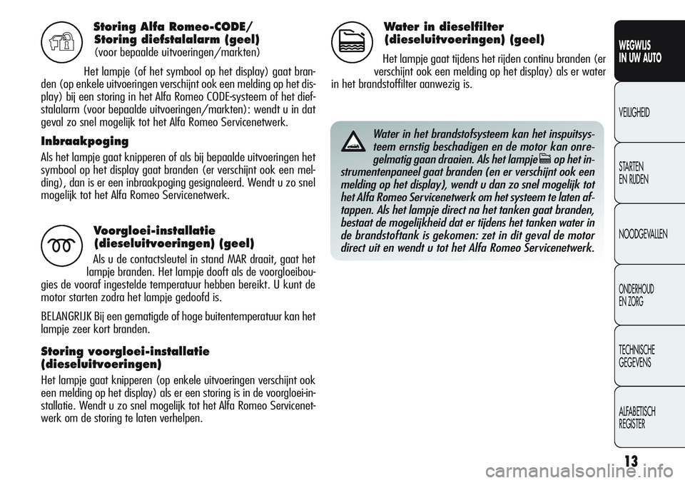 Alfa Romeo Giulietta 2012  Instructieboek (in Dutch) 13
WEGWIJS
IN UW AUTO
VEILIGHEID
STARTEN 
EN RIJDEN
NOODGEVALLEN
ONDERHOUD
EN ZORG
TECHNISCHE
GEGEVENS
ALFABETISCH 
REGISTER
Storing Alfa Romeo-CODE/
Storing diefstalalarm (geel)
(voor bepaalde uitvoe