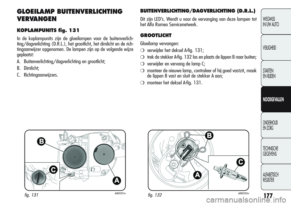 Alfa Romeo Giulietta 2011 Instructieboek (in Dutch) 177
WEGWIJS
IN UW AUTO
VEILIGHEID
STARTEN
EN RIJDEN
NOODGEVALLEN
ONDERHOUD
EN ZORG
TECHNISCHE
GEGEVENS
ALFABETISCH
REGISTER
GLOEILAMP BUITENVERLICHTING
VERVANGEN
KOPLAMPUNITS fig. 131
In de koplampu Alfa Romeo Giulietta 2011 Instructieboek (in Dutch) 177
WEGWIJS
IN UW AUTO
VEILIGHEID
STARTEN
EN RIJDEN
NOODGEVALLEN
ONDERHOUD
EN ZORG
TECHNISCHE
GEGEVENS
ALFABETISCH
REGISTER
GLOEILAMP BUITENVERLICHTING
VERVANGEN
KOPLAMPUNITS fig. 131
In de koplampu
