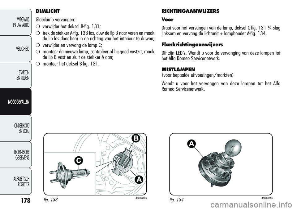 Alfa Romeo Giulietta 2011 Instructieboek (in Dutch) 178
WEGWIJS
IN UW AUTO
VEILIGHEID
STARTEN
EN RIJDEN
NOODGEVALLEN
ONDERHOUD
EN ZORG
TECHNISCHE
GEGEVENS
ALFABETISCH
REGISTER
DIMLICHT
Gloeilamp vervangen:
❍verwijder het deksel B-fig. 131;
❍trek Alfa Romeo Giulietta 2011 Instructieboek (in Dutch) 178
WEGWIJS
IN UW AUTO
VEILIGHEID
STARTEN
EN RIJDEN
NOODGEVALLEN
ONDERHOUD
EN ZORG
TECHNISCHE
GEGEVENS
ALFABETISCH
REGISTER
DIMLICHT
Gloeilamp vervangen:
❍verwijder het deksel B-fig. 131;
❍trek