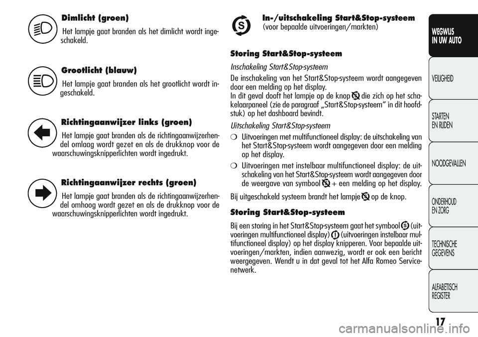 Alfa Romeo Giulietta 2011 Instructieboek (in Dutch) 17
WEGWIJS
IN UW AUTO
VEILIGHEID
STARTEN
EN RIJDEN
NOODGEVALLEN
ONDERHOUD
EN ZORG
TECHNISCHE
GEGEVENS
ALFABETISCH
REGISTER
Dimlicht (groen)
Het lampje gaat branden als het dimlicht wordt inge-
schak Alfa Romeo Giulietta 2011 Instructieboek (in Dutch) 17
WEGWIJS
IN UW AUTO
VEILIGHEID
STARTEN
EN RIJDEN
NOODGEVALLEN
ONDERHOUD
EN ZORG
TECHNISCHE
GEGEVENS
ALFABETISCH
REGISTER
Dimlicht (groen)
Het lampje gaat branden als het dimlicht wordt inge-
schak