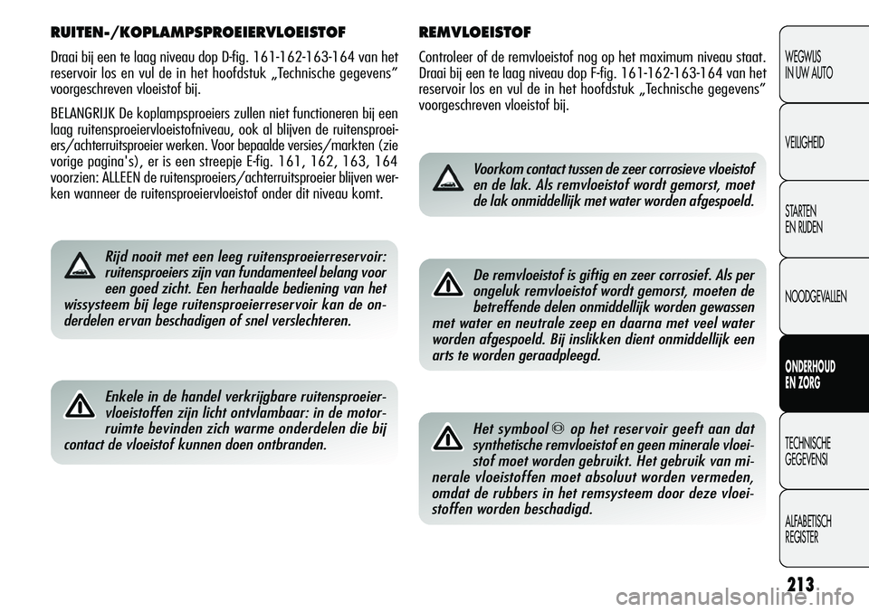 Alfa Romeo Giulietta 2011 Instructieboek (in Dutch) 213
WEGWIJS
IN UW AUTO
VEILIGHEID
STARTEN
EN RIJDEN
NOODGEVALLEN
ONDERHOUD
EN ZORG
TECHNISCHE
GEGEVENSI
ALFABETISCH
REGISTER
REMVLOEISTOF
Controleer of de remvloeistof nog op het maximum niveau staa Alfa Romeo Giulietta 2011 Instructieboek (in Dutch) 213
WEGWIJS
IN UW AUTO
VEILIGHEID
STARTEN
EN RIJDEN
NOODGEVALLEN
ONDERHOUD
EN ZORG
TECHNISCHE
GEGEVENSI
ALFABETISCH
REGISTER
REMVLOEISTOF
Controleer of de remvloeistof nog op het maximum niveau staa