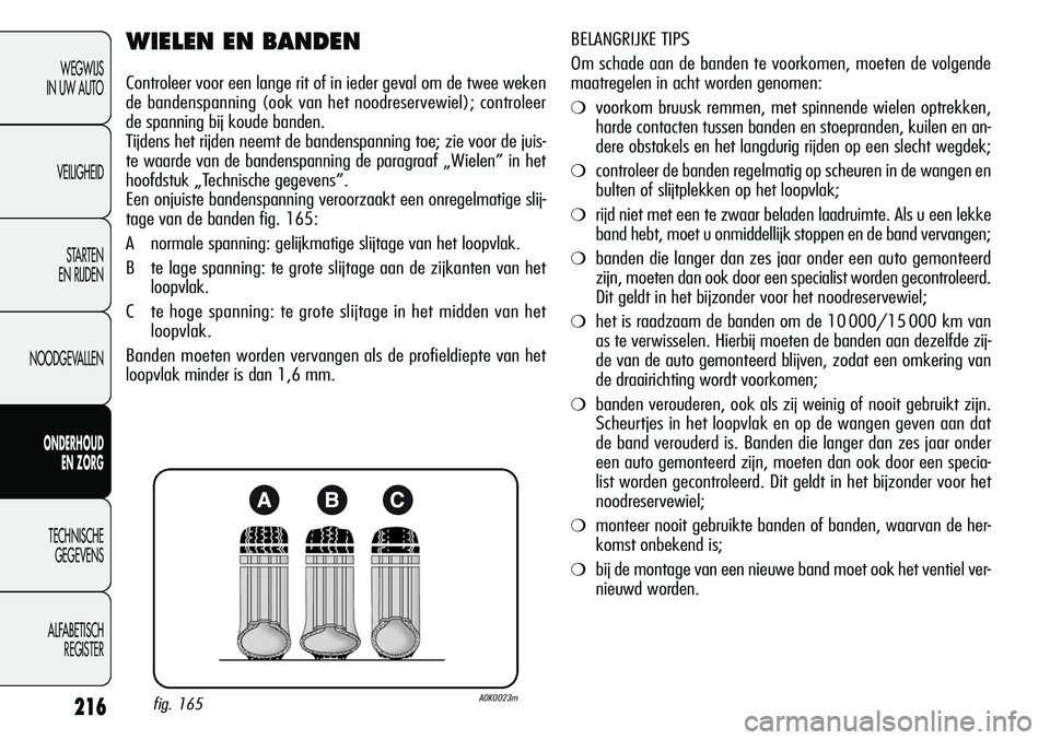 Alfa Romeo Giulietta 2011 Instructieboek (in Dutch) 216
WEGWIJS
IN UW AUTO
VEILIGHEID
STARTEN
EN RIJDEN
NOODGEVALLEN
ONDERHOUD
EN ZORG
TECHNISCHE
GEGEVENS
ALFABETISCH
REGISTER
WIELEN EN BANDEN
Controleer voor een lange rit of in ieder geval om de twe Alfa Romeo Giulietta 2011 Instructieboek (in Dutch) 216
WEGWIJS
IN UW AUTO
VEILIGHEID
STARTEN
EN RIJDEN
NOODGEVALLEN
ONDERHOUD
EN ZORG
TECHNISCHE
GEGEVENS
ALFABETISCH
REGISTER
WIELEN EN BANDEN
Controleer voor een lange rit of in ieder geval om de twe
