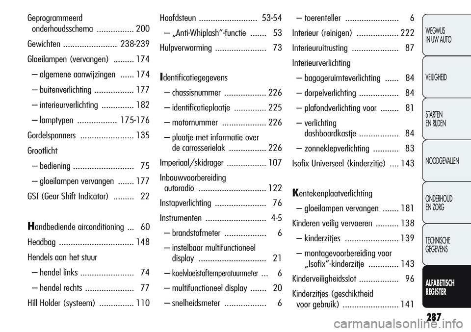 Alfa Romeo Giulietta 2011 Instructieboek (in Dutch) 287
WEGWIJS
IN UW AUTO
VEILIGHEID
STARTEN
EN RIJDEN
NOODGEVALLEN
ONDERHOUD
EN ZORG
TECHNISCHE
GEGEVENS
ALFABETISCH
REGISTER
Geprogrammeerd
onderhoudsschema................ 200
Gewichten ............ Alfa Romeo Giulietta 2011 Instructieboek (in Dutch) 287
WEGWIJS
IN UW AUTO
VEILIGHEID
STARTEN
EN RIJDEN
NOODGEVALLEN
ONDERHOUD
EN ZORG
TECHNISCHE
GEGEVENS
ALFABETISCH
REGISTER
Geprogrammeerd
onderhoudsschema................ 200
Gewichten ............