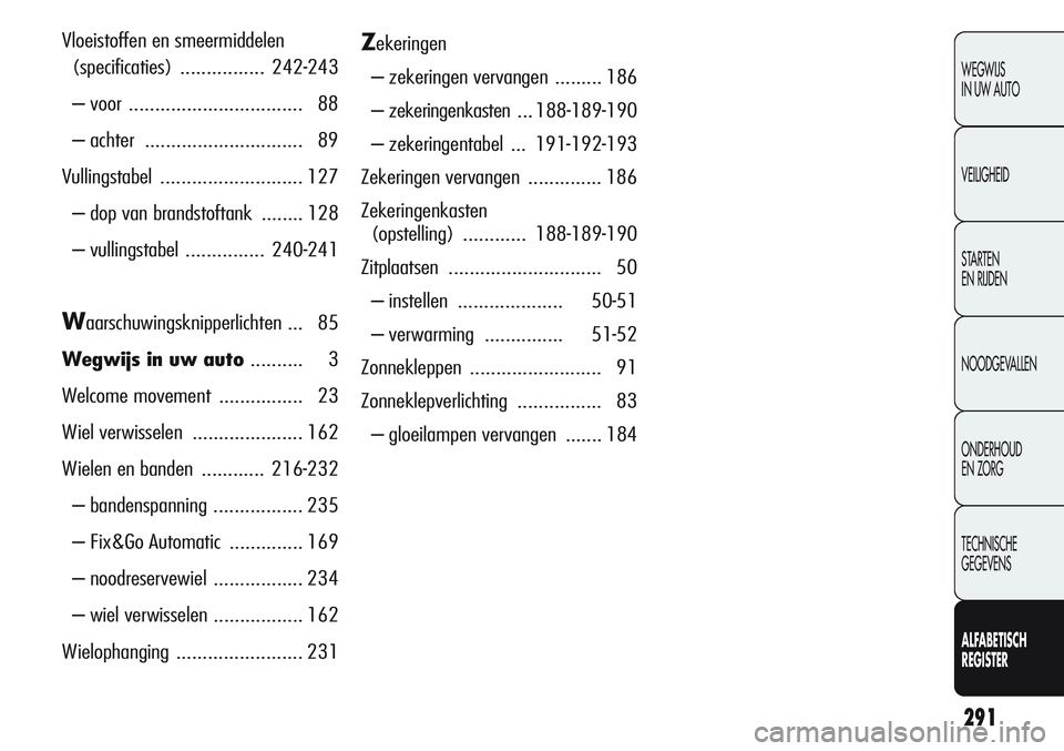 Alfa Romeo Giulietta 2011 Instructieboek (in Dutch) 291
WEGWIJS
IN UW AUTO
VEILIGHEID
STARTEN
EN RIJDEN
NOODGEVALLEN
ONDERHOUD
EN ZORG
TECHNISCHE
GEGEVENS
ALFABETISCH
REGISTER
Vloeistoffen en smeermiddelen
(specificaties)................242-243
– Alfa Romeo Giulietta 2011 Instructieboek (in Dutch) 291
WEGWIJS
IN UW AUTO
VEILIGHEID
STARTEN
EN RIJDEN
NOODGEVALLEN
ONDERHOUD
EN ZORG
TECHNISCHE
GEGEVENS
ALFABETISCH
REGISTER
Vloeistoffen en smeermiddelen
(specificaties)................242-243
–
