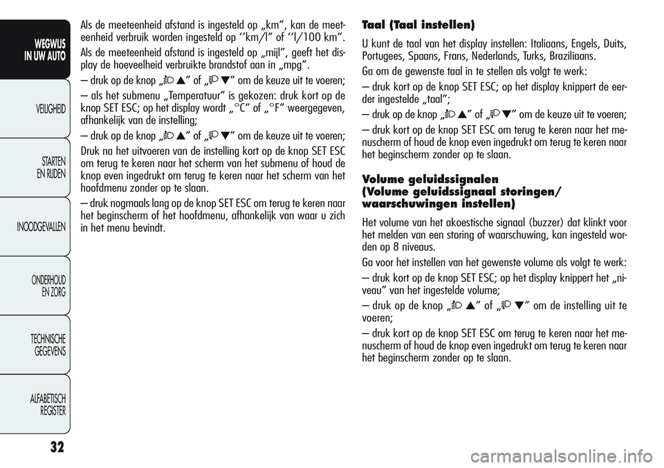 Alfa Romeo Giulietta 2011  Instructieboek (in Dutch) 32
WEGWIJS
IN UW AUTO
VEILIGHEID
STARTEN 
EN RIJDEN
INOODGEVALLEN
ONDERHOUD
EN ZORG
TECHNISCHE
GEGEVENS
ALFABETISCH 
REGISTER
Als de meeteenheid afstand is ingesteld op „km”, kan de meet-
eenheid 