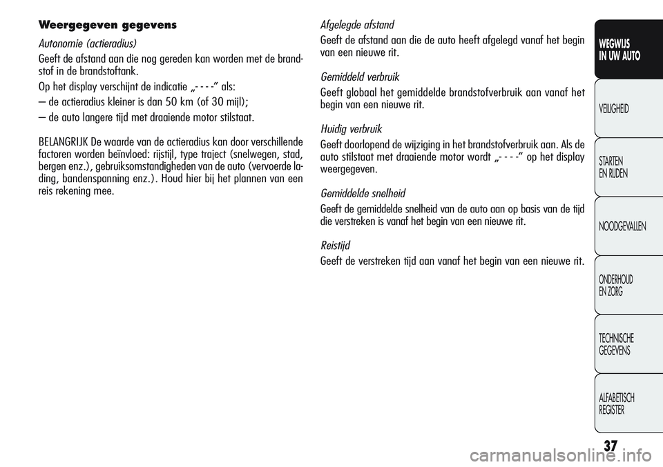 Alfa Romeo Giulietta 2011  Instructieboek (in Dutch) 37
WEGWIJS
IN UW AUTO
VEILIGHEID
STARTEN 
EN RIJDEN
NOODGEVALLEN
ONDERHOUD
EN ZORG
TECHNISCHE
GEGEVENS
ALFABETISCH 
REGISTER
Weergegeven gegevens
Autonomie (actieradius)
Geeft de afstand aan die nog g