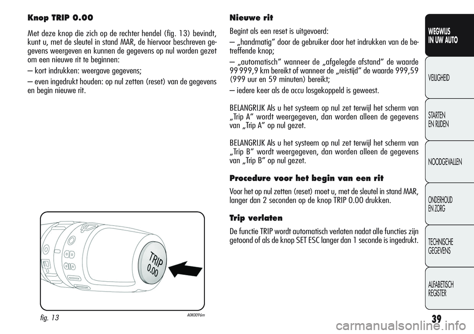 Alfa Romeo Giulietta 2011  Instructieboek (in Dutch) 39
WEGWIJS
IN UW AUTO
VEILIGHEID
STARTEN 
EN RIJDEN
NOODGEVALLEN
ONDERHOUD
EN ZORG
TECHNISCHE
GEGEVENS
ALFABETISCH 
REGISTER
Knop TRIP 0.00
Met deze knop die zich op de rechter hendel (fig. 13) bevind