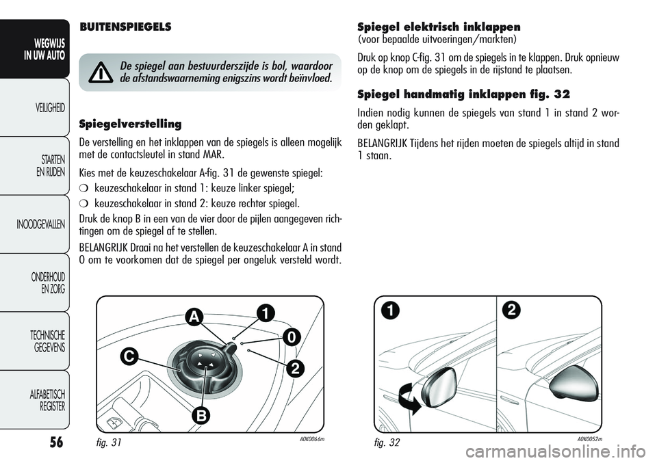 Alfa Romeo Giulietta 2011  Instructieboek (in Dutch) 56
WEGWIJS
IN UW AUTO
VEILIGHEID
STARTEN 
EN RIJDEN
INOODGEVALLEN
ONDERHOUD
EN ZORG
TECHNISCHE
GEGEVENS
ALFABETISCH 
REGISTER
Spiegel elektrisch inklappen
(voor bepaalde uitvoeringen/markten)
Druk op 