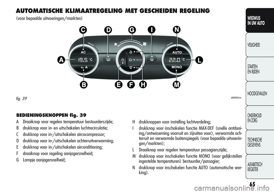 Alfa Romeo Giulietta 2011 Instructieboek (in Dutch) 65
WEGWIJS
IN UW AUTO
VEILIGHEID
STARTEN
EN RIJDEN
NOODGEVALLEN
ONDERHOUD
EN ZORG
TECHNISCHE
GEGEVENS
ALFABETISCH
REGISTER
AUTOMATISCHE KLIMAATREGELING MET GESCHEIDEN REGELING
(voor bepaalde uitvoer Alfa Romeo Giulietta 2011 Instructieboek (in Dutch) 65
WEGWIJS
IN UW AUTO
VEILIGHEID
STARTEN
EN RIJDEN
NOODGEVALLEN
ONDERHOUD
EN ZORG
TECHNISCHE
GEGEVENS
ALFABETISCH
REGISTER
AUTOMATISCHE KLIMAATREGELING MET GESCHEIDEN REGELING
(voor bepaalde uitvoer