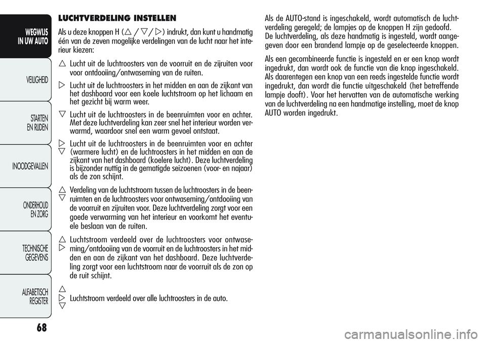 Alfa Romeo Giulietta 2011 Instructieboek (in Dutch) 68
WEGWIJS
IN UW AUTO
VEILIGHEID
STARTEN
EN RIJDEN
INOODGEVALLEN
ONDERHOUD
EN ZORG
TECHNISCHE
GEGEVENS
ALFABETISCH
REGISTER
Als de AUTO-stand is ingeschakeld, wordt automatisch de lucht-
verdeling g Alfa Romeo Giulietta 2011 Instructieboek (in Dutch) 68
WEGWIJS
IN UW AUTO
VEILIGHEID
STARTEN
EN RIJDEN
INOODGEVALLEN
ONDERHOUD
EN ZORG
TECHNISCHE
GEGEVENS
ALFABETISCH
REGISTER
Als de AUTO-stand is ingeschakeld, wordt automatisch de lucht-
verdeling g