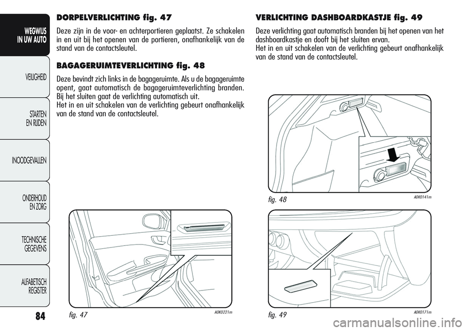 Alfa Romeo Giulietta 2011  Instructieboek (in Dutch) 84
WEGWIJS
IN UW AUTO
VEILIGHEID
STARTEN 
EN RIJDEN
INOODGEVALLEN
ONDERHOUD
EN ZORG
TECHNISCHE
GEGEVENS
ALFABETISCH 
REGISTER
DORPELVERLICHTING fig. 47
Deze zijn in de voor- en achterportieren geplaat