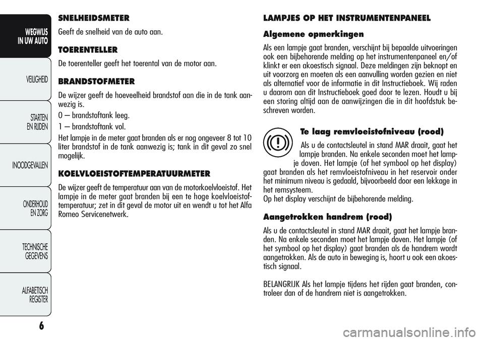 Alfa Romeo Giulietta 2011  Instructieboek (in Dutch) 6
WEGWIJS
IN UW AUTO
VEILIGHEID
STARTEN 
EN RIJDEN
INOODGEVALLEN
ONDERHOUD
EN ZORG
TECHNISCHE
GEGEVENS
ALFABETISCH 
REGISTER
SNELHEIDSMETER
Geeft de snelheid van de auto aan.
TOERENTELLER
De toerentel