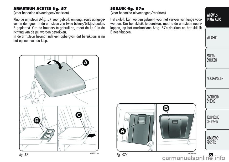 Alfa Romeo Giulietta 2011 Instructieboek (in Dutch) 89
WEGWIJS
IN UW AUTO
VEILIGHEID
STARTEN
EN RIJDEN
NOODGEVALLEN
ONDERHOUD
EN ZORG
TECHNISCHE
GEGEVENS
ALFABETISCH
REGISTER
fig. 57aA0K0217m
ARMSTEUN ACHTER fig. 57
(voor bepaalde uitvoeringen/markt Alfa Romeo Giulietta 2011 Instructieboek (in Dutch) 89
WEGWIJS
IN UW AUTO
VEILIGHEID
STARTEN
EN RIJDEN
NOODGEVALLEN
ONDERHOUD
EN ZORG
TECHNISCHE
GEGEVENS
ALFABETISCH
REGISTER
fig. 57aA0K0217m
ARMSTEUN ACHTER fig. 57
(voor bepaalde uitvoeringen/markt