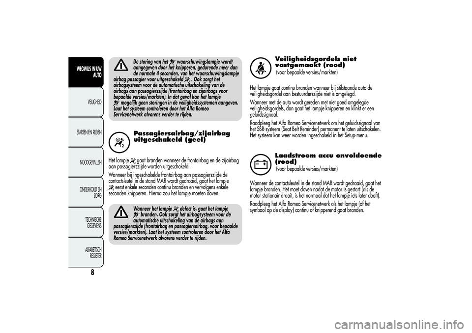 Alfa Romeo Giulietta 2013  Instructieboek (in Dutch) De storing van het
waarschuwingslampje wordt
aangegeven door het knipperen, gedurende meer dan
de normale 4 seconden, van het waarschuwingslampje
airbag passagier voor uitgeschakeld
. Ook zorgt het
ai