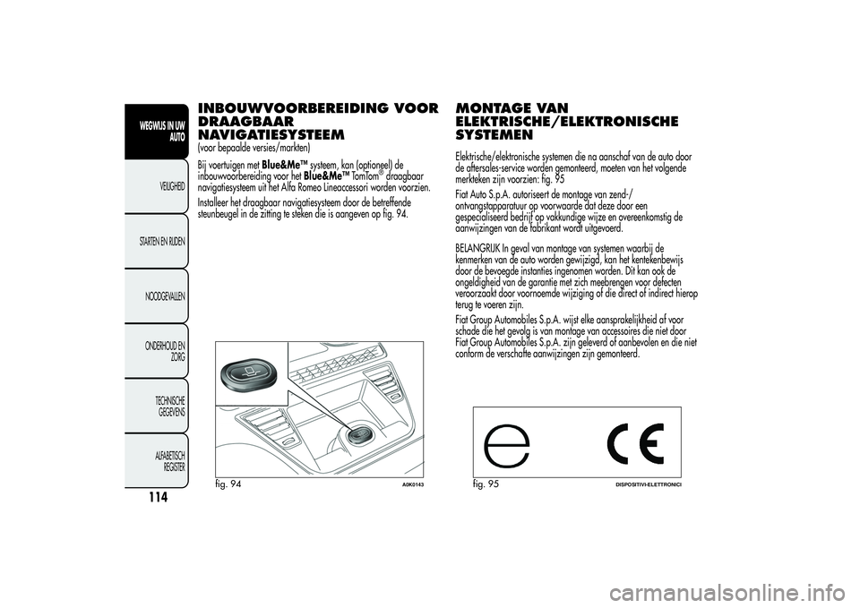 Alfa Romeo Giulietta 2013 Instructieboek (in Dutch) INBOUWVOORBEREIDING VOOR
DRAAGBAAR
NAVIGATIESYSTEEM(voor bepaalde versies/markten)
Bij voertuigen metBlue&Me™systeem, kan (optioneel) de
inbouwvoorbereiding voor hetBlue&Me™TomTom
®draagbaar
navi Alfa Romeo Giulietta 2013 Instructieboek (in Dutch) INBOUWVOORBEREIDING VOOR
DRAAGBAAR
NAVIGATIESYSTEEM(voor bepaalde versies/markten)
Bij voertuigen metBlue&Me™systeem, kan (optioneel) de
inbouwvoorbereiding voor hetBlue&Me™TomTom
®draagbaar
navi
