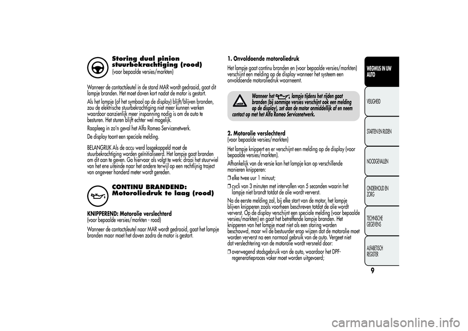 Alfa Romeo Giulietta 2013  Instructieboek (in Dutch) Storing dual pinion
stuurbekrachtiging (rood)(voor bepaalde versies/markten)
Wanneer de contactsleutel in de stand MAR wordt gedraaid, gaat dit
lampje branden. Het moet doven kort nadat de motor is ge