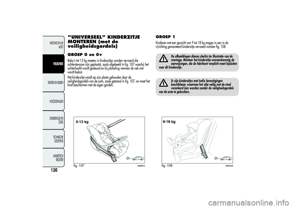 Alfa Romeo Giulietta 2013 Instructieboek (in Dutch) "UNIVERSEEL" KINDERZITJE
MONTEREN (met de
veiligheidsgordels)GROEP 0 en 0+Baby's tot 13 kg moeten in kinderzitjes worden vervoerd die
achterstevoren zijn geplaatst, zoals afgebeeld in fig. Alfa Romeo Giulietta 2013 Instructieboek (in Dutch) "UNIVERSEEL" KINDERZITJE
MONTEREN (met de
veiligheidsgordels)GROEP 0 en 0+Baby's tot 13 kg moeten in kinderzitjes worden vervoerd die
achterstevoren zijn geplaatst, zoals afgebeeld in fig.