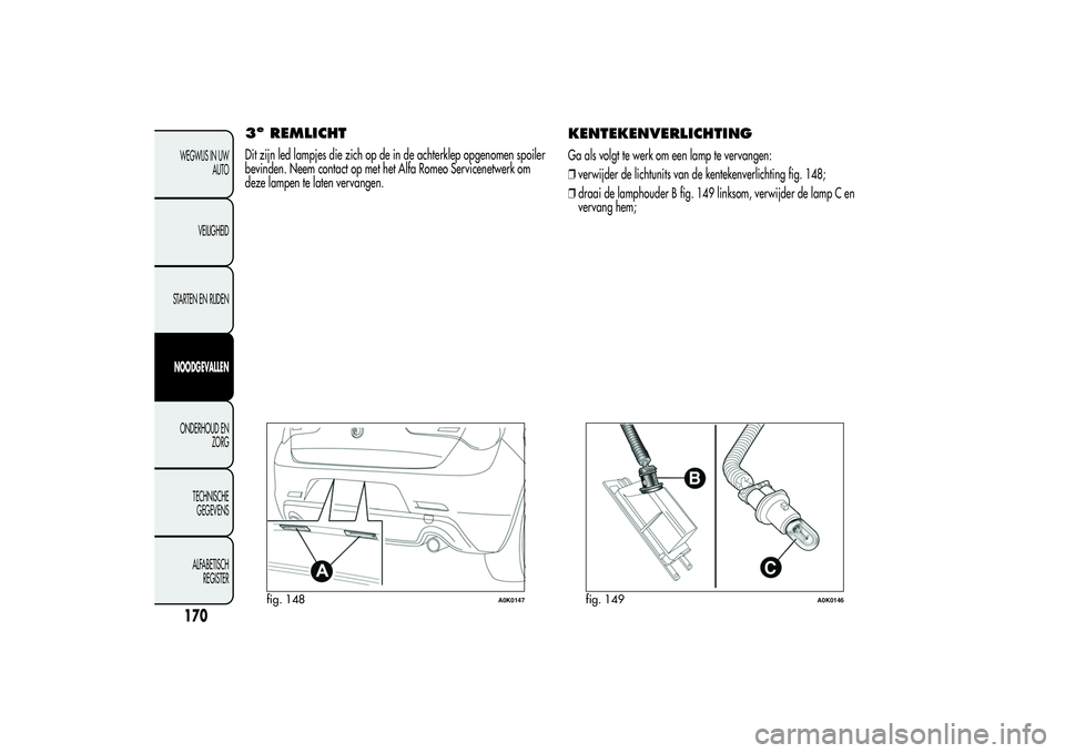 Alfa Romeo Giulietta 2013 Instructieboek (in Dutch) 3e
REMLICHT
Dit zijn led lampjes die zich op de in de achterklep opgenomen spoiler
bevinden. Neem contact op met het Alfa Romeo Servicenetwerk om
deze lampen te laten vervangen.
KENTEKENVERLICHTINGGa Alfa Romeo Giulietta 2013 Instructieboek (in Dutch) 3e
REMLICHT
Dit zijn led lampjes die zich op de in de achterklep opgenomen spoiler
bevinden. Neem contact op met het Alfa Romeo Servicenetwerk om
deze lampen te laten vervangen.
KENTEKENVERLICHTINGGa