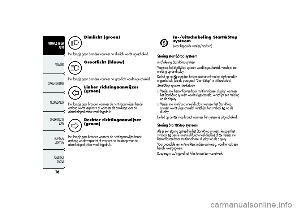 Alfa Romeo Giulietta 2013  Instructieboek (in Dutch) 2
Dimlicht (groen)
Het lampje gaan branden wanneer het dimlicht wordt ingeschakeld.
Grootlicht (blauw)
Het lampje gaan branden wanneer het grootlicht wordt ingeschakeld.
Linker richtingaanwijzer
(groe
