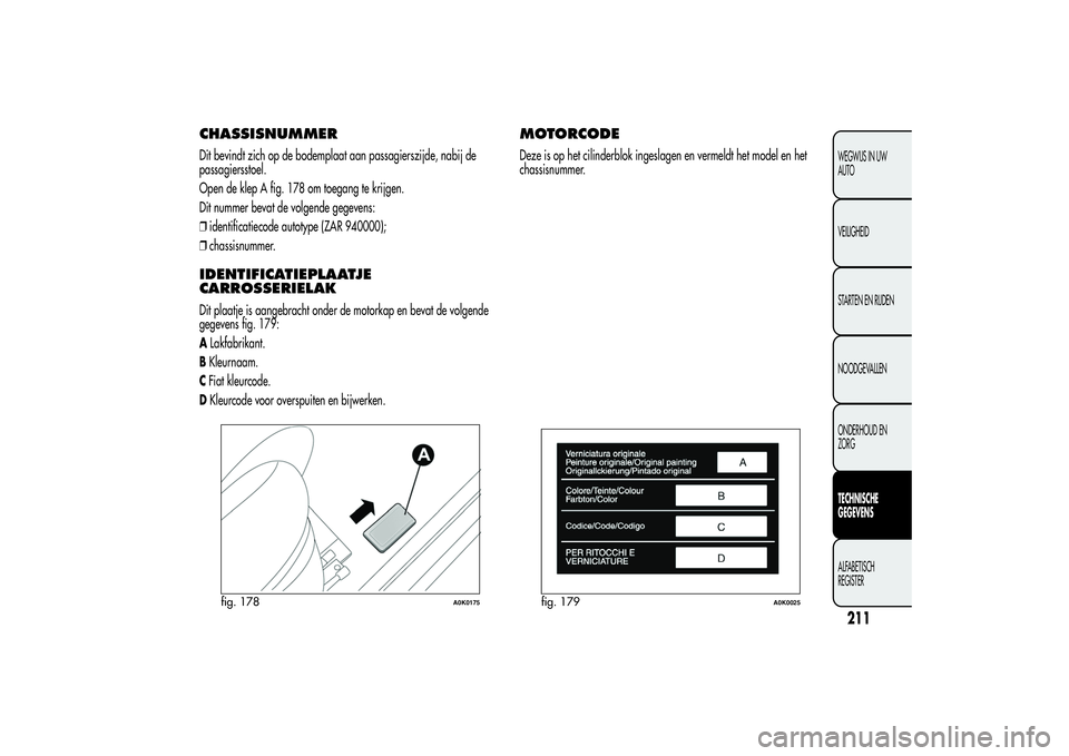 Alfa Romeo Giulietta 2013  Instructieboek (in Dutch) CHASSISNUMMERDit bevindt zich op de bodemplaat aan passagierszijde, nabij de
passagiersstoel.
Open de klep A fig. 178 om toegang te krijgen.
Dit nummer bevat de volgende gegevens:
❒identificatiecode