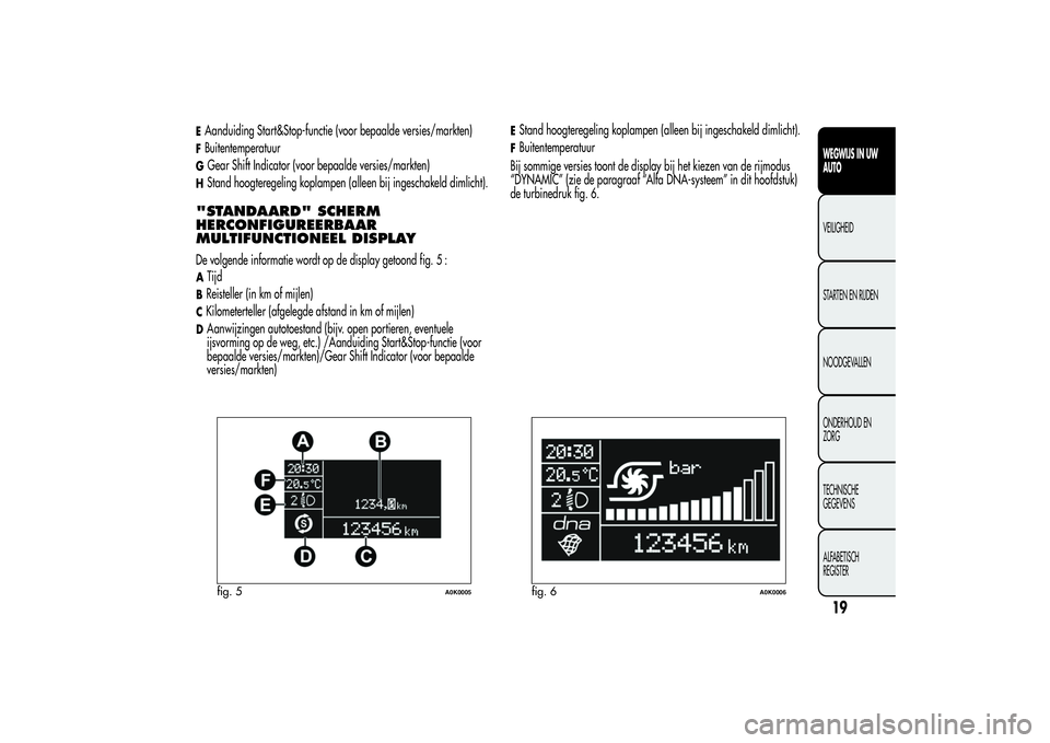 Alfa Romeo Giulietta 2013  Instructieboek (in Dutch) EAanduiding Start&Stop-functie (voor bepaalde versies/markten)FBuitentemperatuurGGear Shift Indicator (voor bepaalde versies/markten)HStand hoogteregeling koplampen (alleen bij ingeschakeld dimlicht).