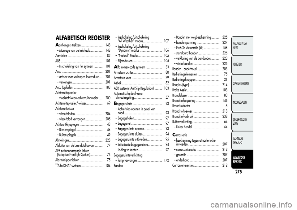 Alfa Romeo Giulietta 2013  Instructieboek (in Dutch) ALFABETISCH REGISTERA
anhangers trekken ........................... 148
– Montage van de trekhaak ................ 148
Aansteker ............................................ 82
ABS .................