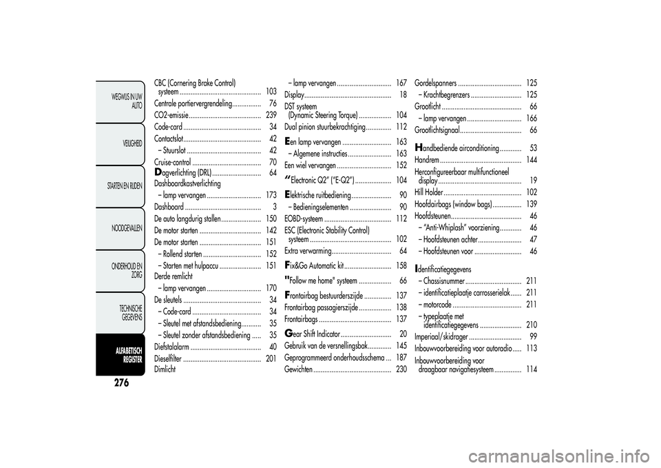 Alfa Romeo Giulietta 2013  Instructieboek (in Dutch) CBC (Cornering Brake Control)
systeem ............................................. 103
Centrale portiervergrendeling................ 76
CO2-emissie ........................................ 239
Code-c